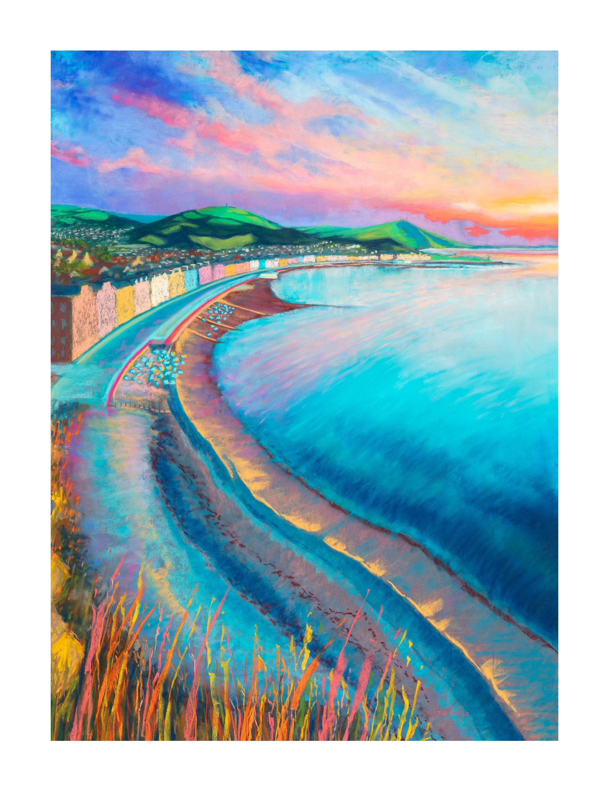 Colourful view from Constitution Hill over Cardigan Bay Aberystwyth prom to Pen Dinas