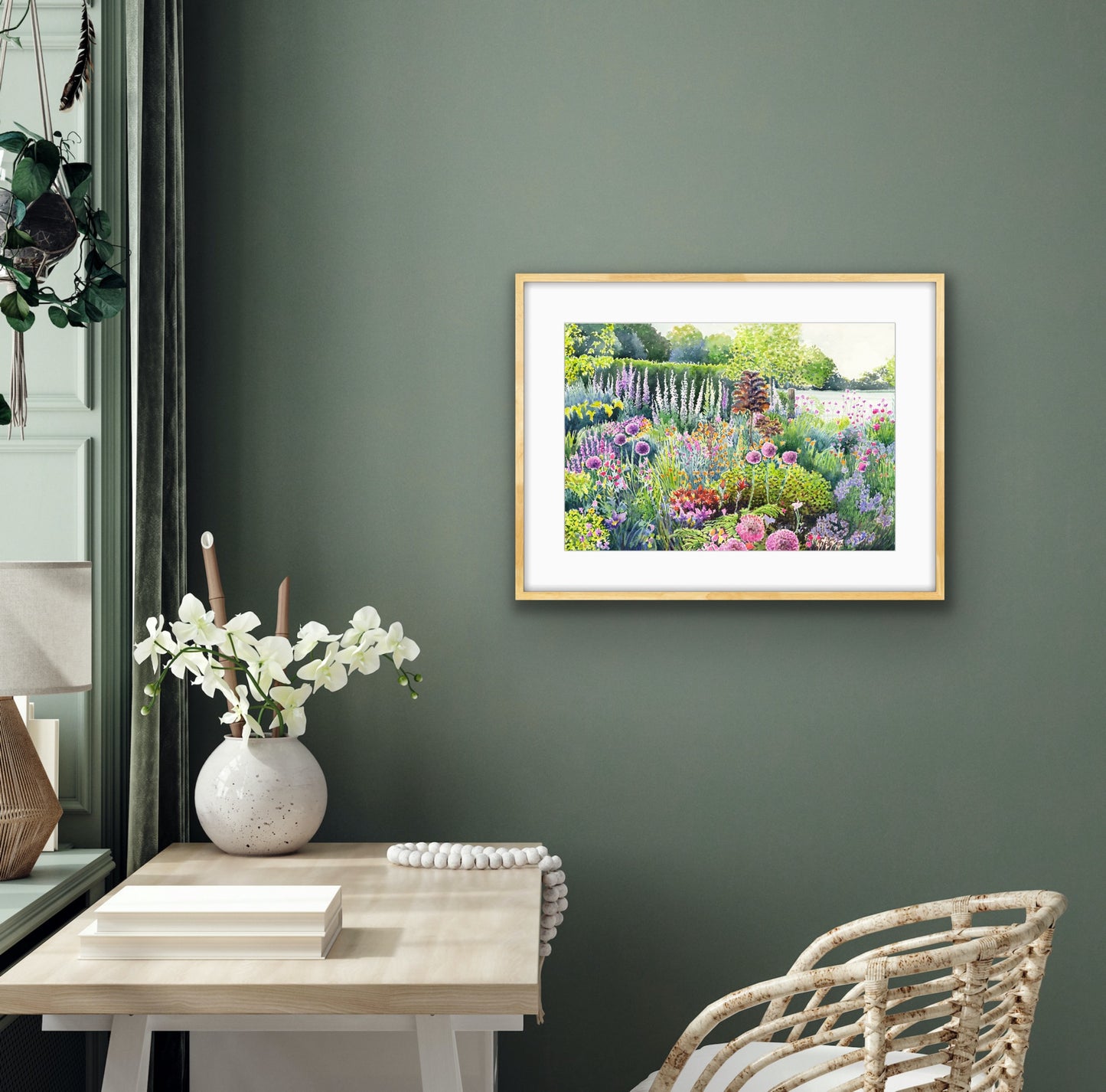 Colourful Spring Summer garden landscape watercolour painting with flowers and plants in foreground and field behind