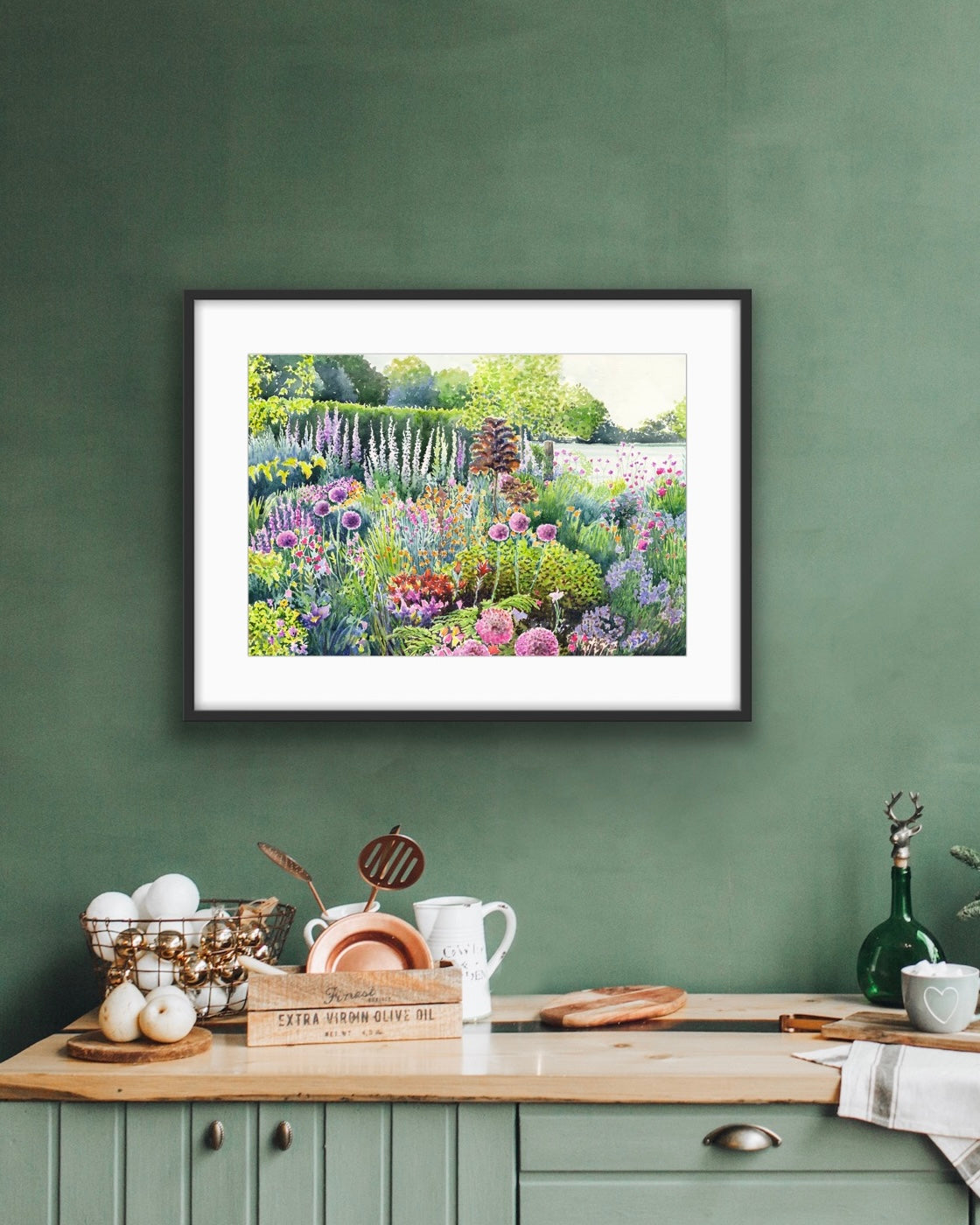 Colourful Spring Summer garden landscape watercolour painting with flowers and plants in foreground and field behind