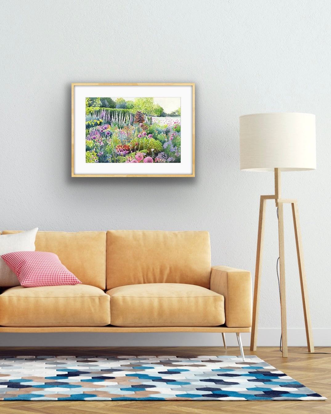 Colourful Spring Summer garden landscape watercolour painting with flowers and plants in foreground and field behind