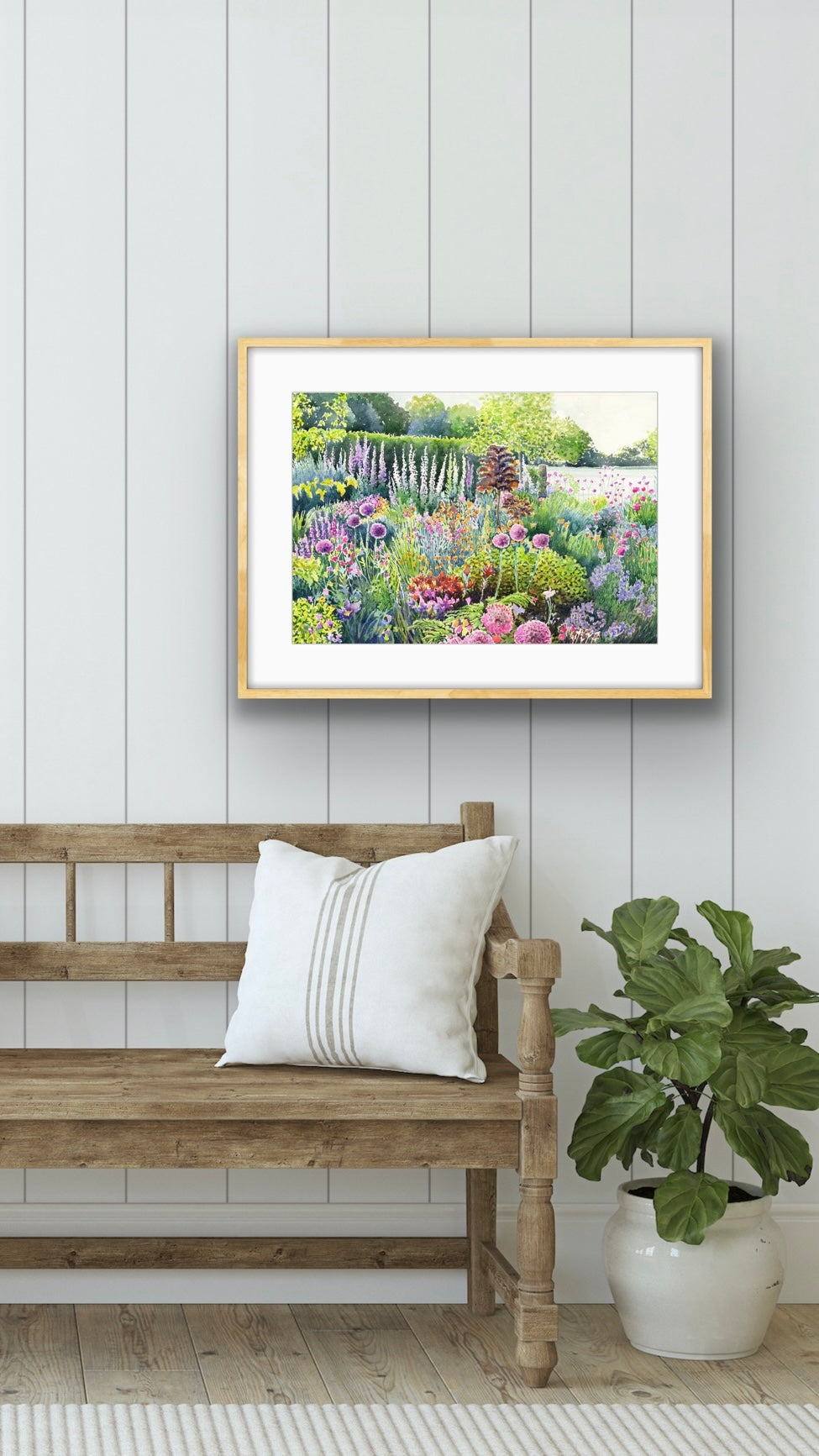Colourful Spring Summer garden landscape watercolour painting with flowers and plants in foreground and field behind
