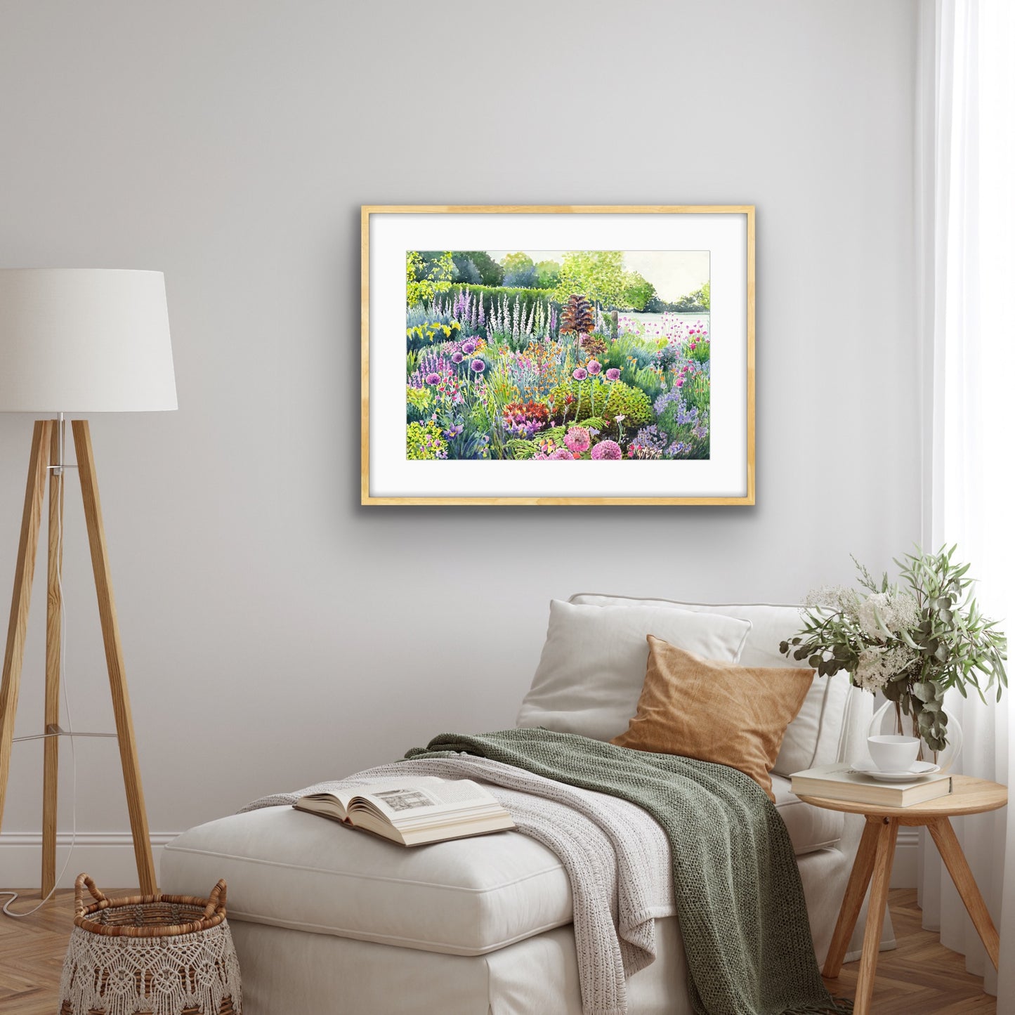 Colourful Spring Summer garden landscape watercolour painting with flowers and plants in foreground and field behind