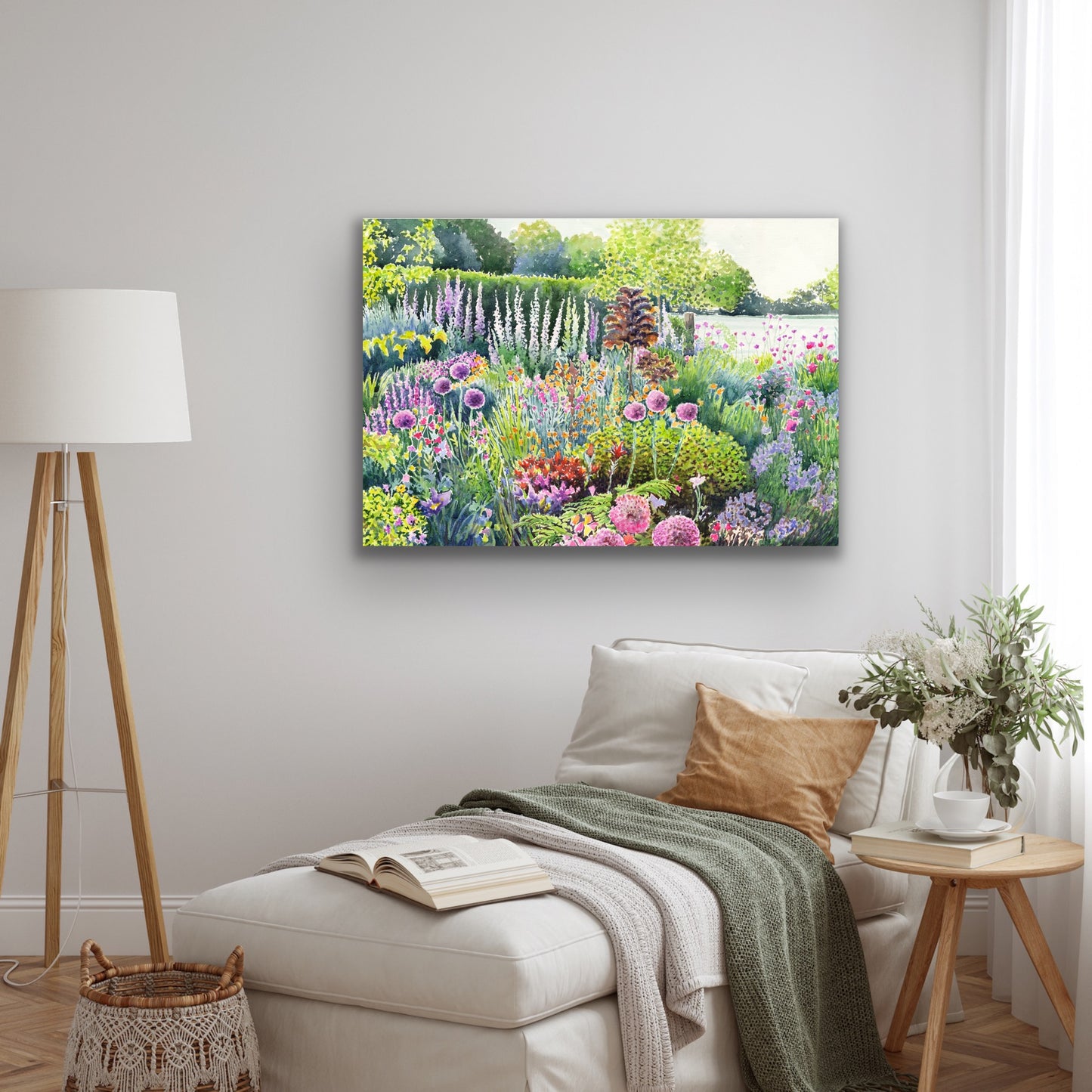 Colourful Spring Summer garden landscape watercolour painting with flowers and plants in foreground and field behind