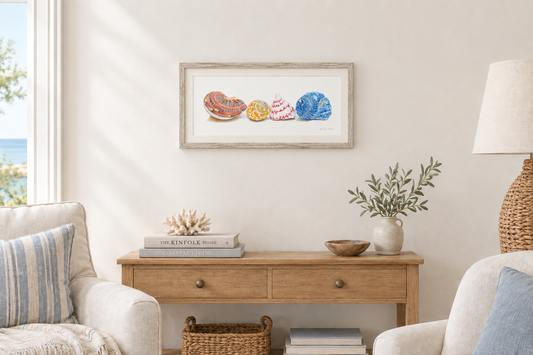 Four Seashells room mockup scaled to a 19 by 10 inch outer frame