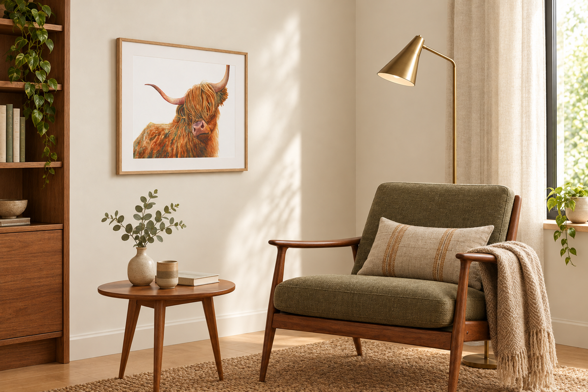 Highlander framed print in a mid-century living room