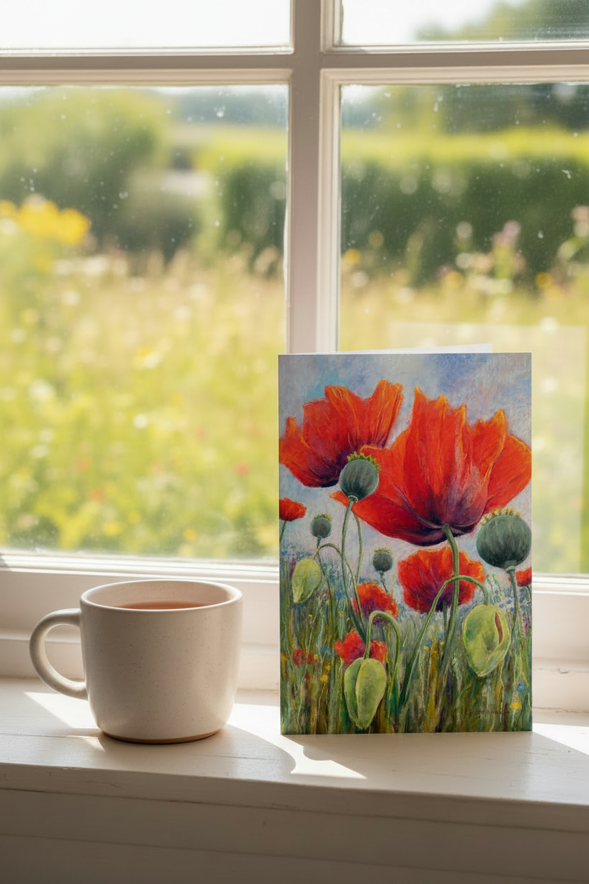 Poppy Meadow Card with Cup of Tea