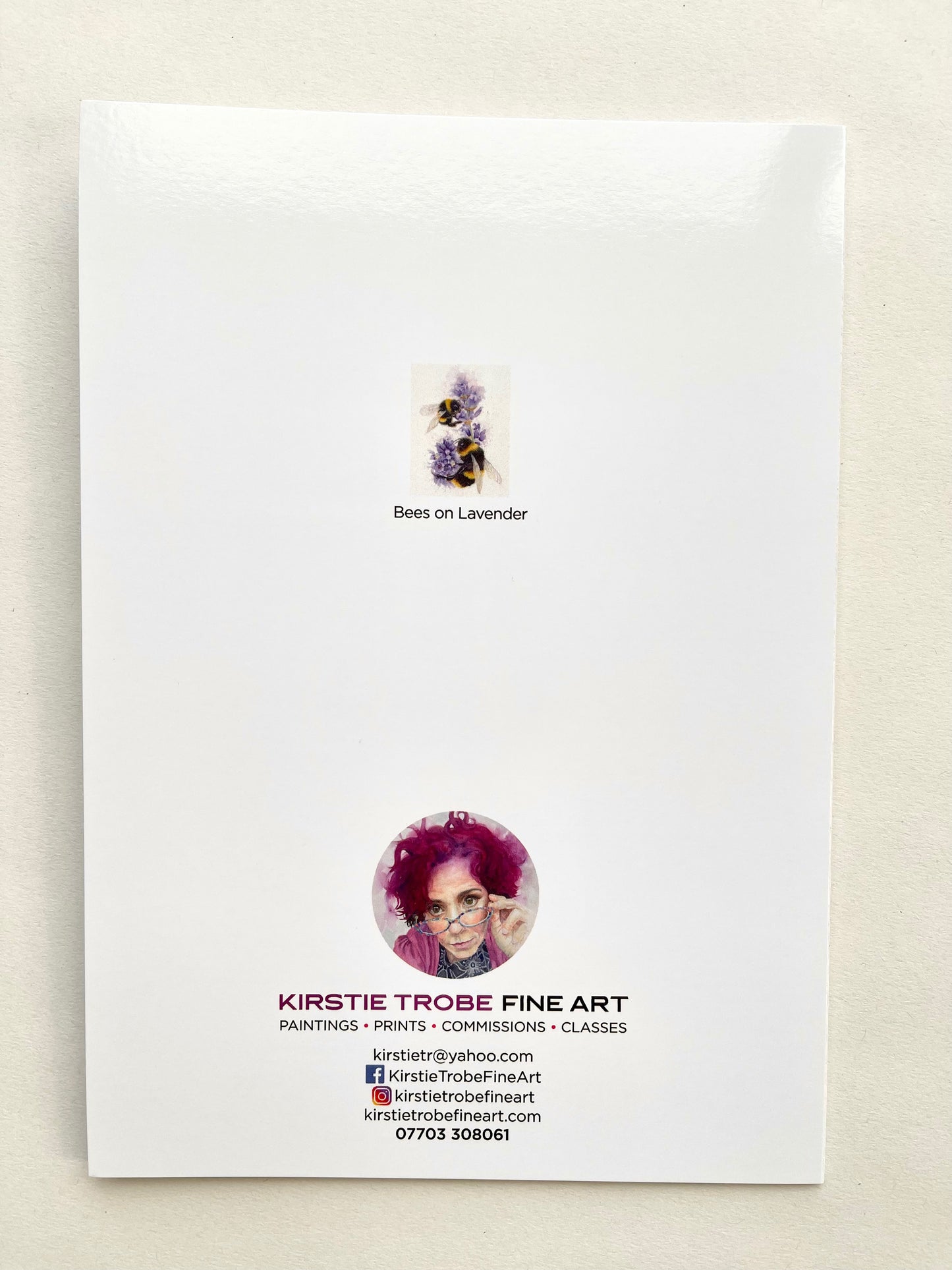 Bees on Lavender, A5 Greeting Card. Blank inside.