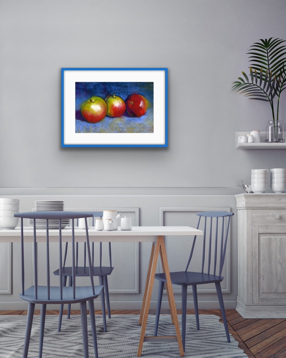 Three Apples on Blue, Fine Art Giclee Limited Edition Print