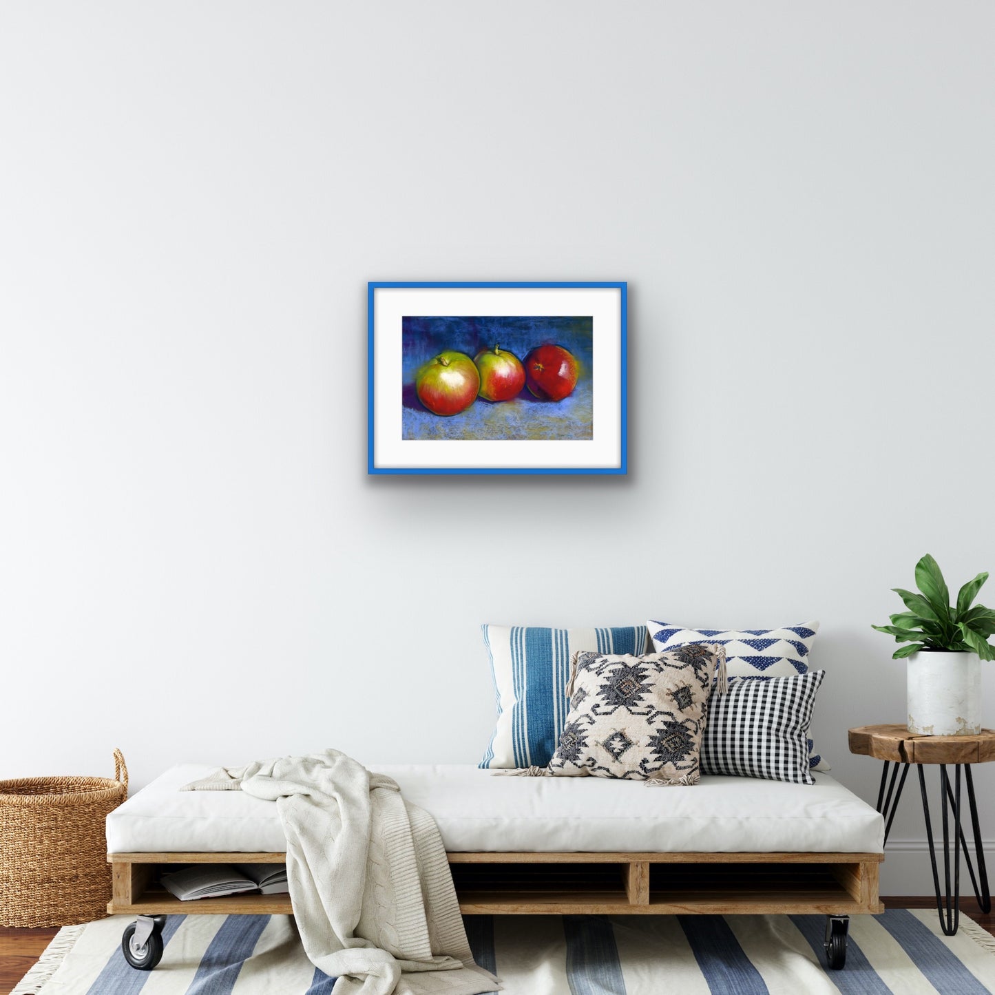 Three Apples on Blue, Fine Art Giclee Limited Edition Print