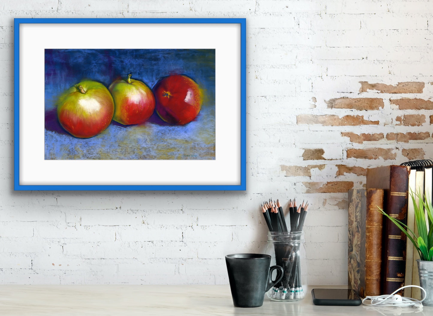 Three Apples on Blue, Fine Art Giclee Limited Edition Print