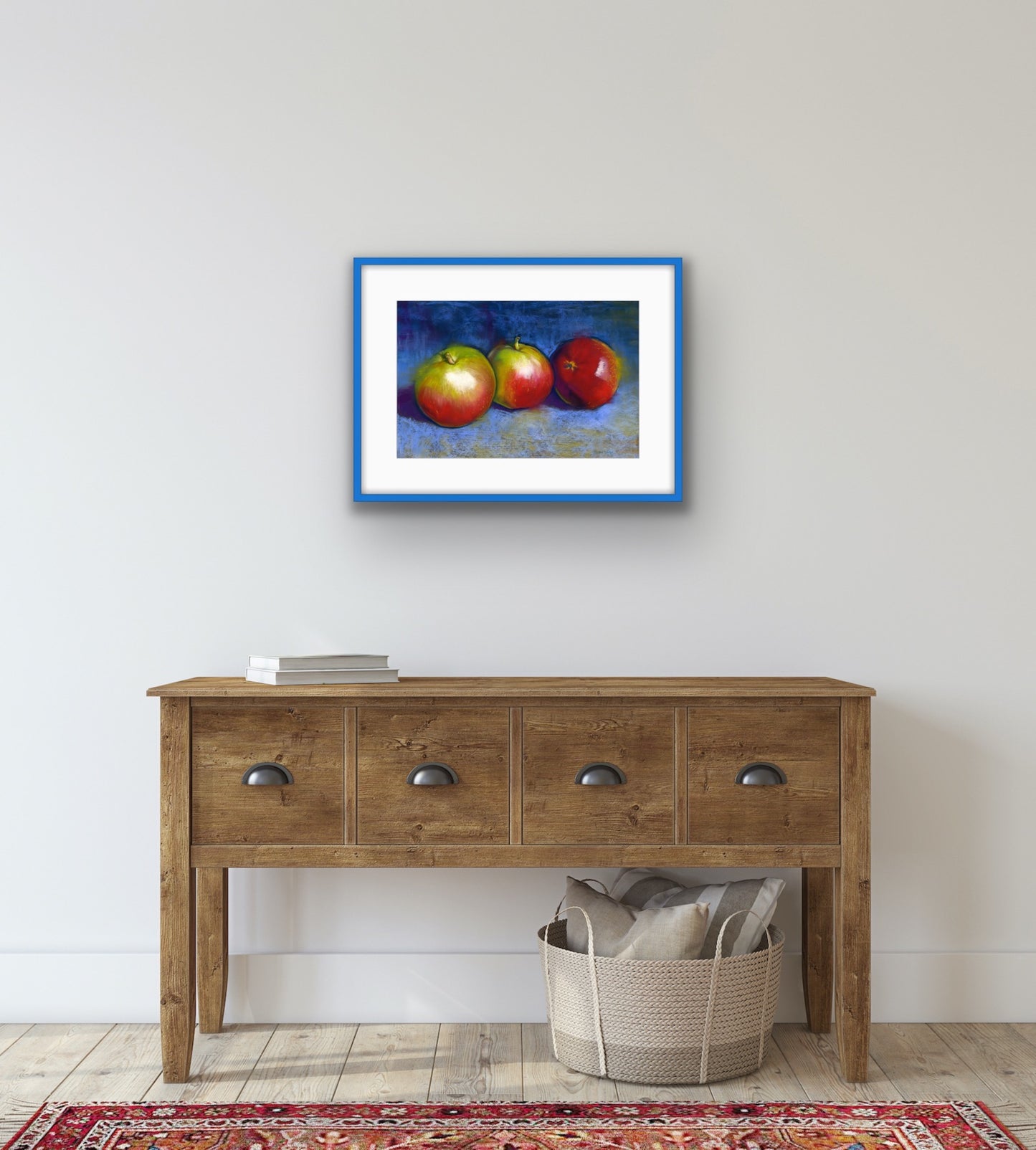 Three Apples on Blue, Fine Art Giclee Limited Edition Print