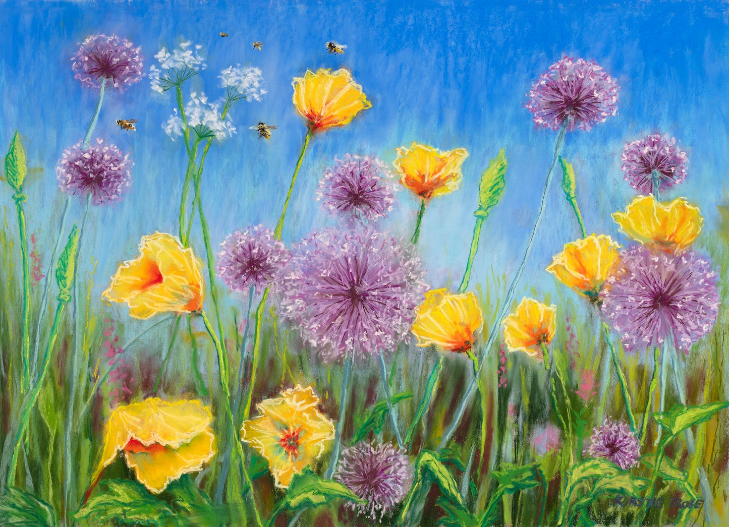 Vibrant purple alliums and contrasting yellow poppies in a meadow against a vivid blue sky with bees lazily buzzing overhead.