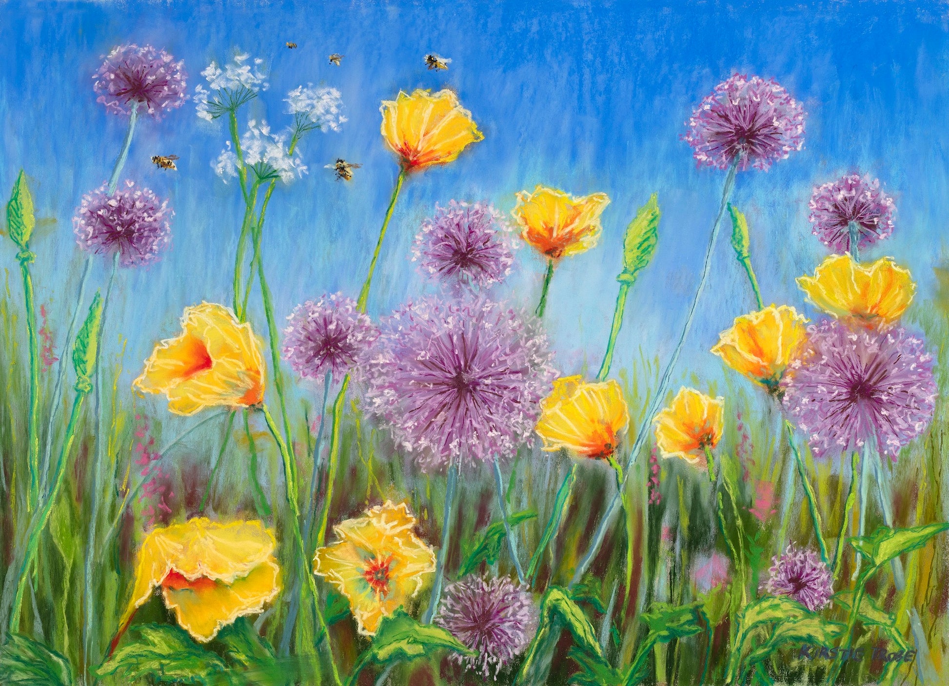 Vibrant purple alliums and contrasting yellow poppies in a meadow against a vivid blue sky with bees lazily buzzing overhead.