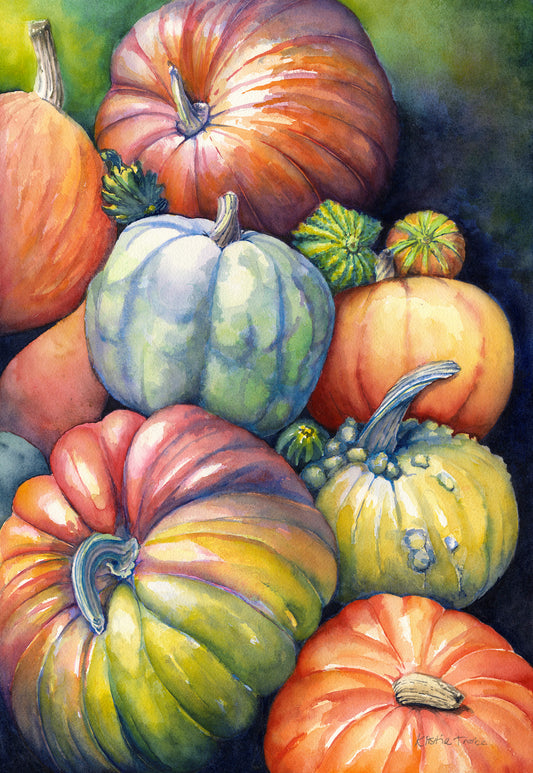 Watercolour painting of colourful pumpkins and squashes in autumnal fall colours