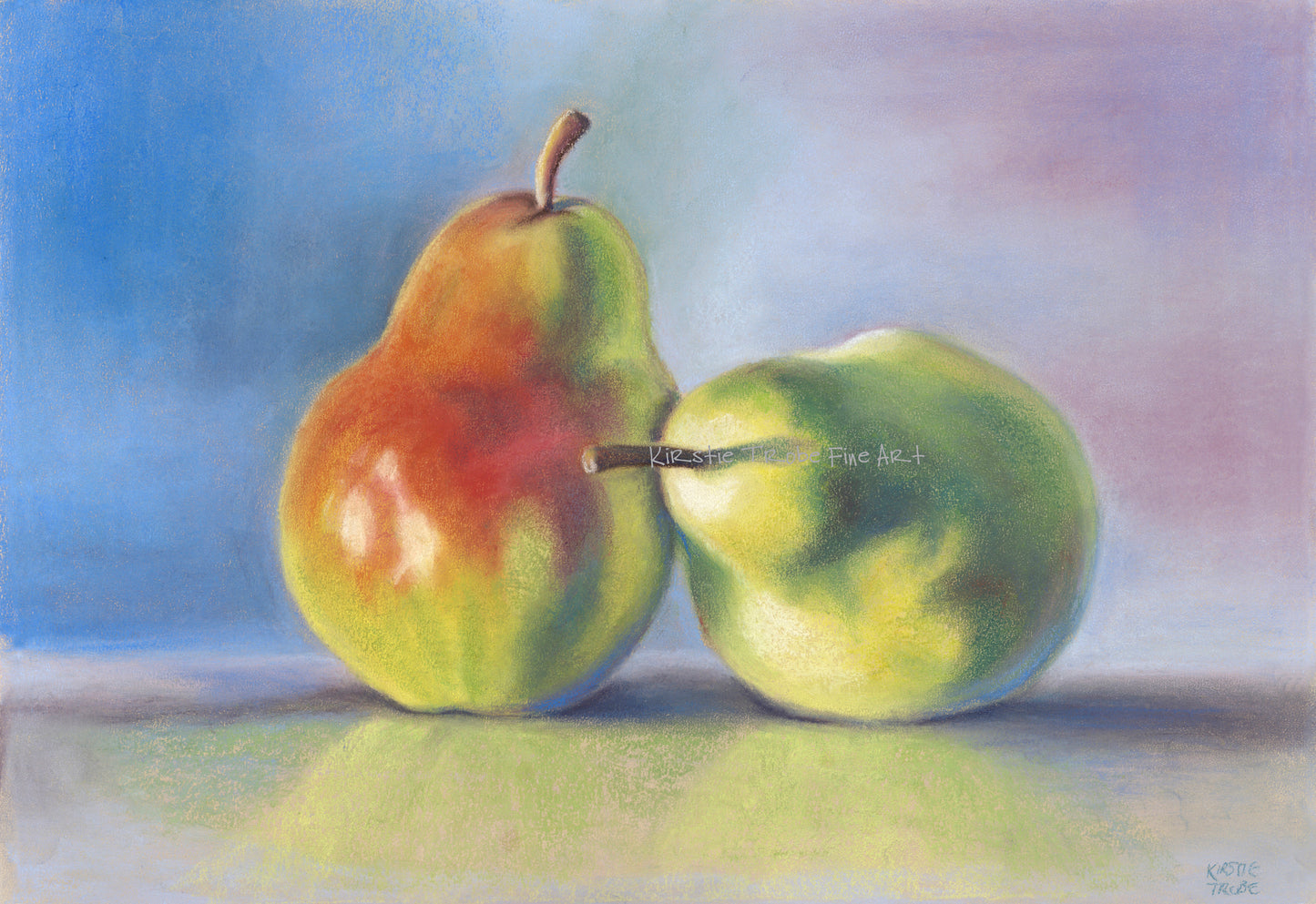 Two vibrantly colourful pears boldly lit with strong shadows, sitting on a polished surface with a reflection of them visible. The pears are bright reds and greens, the background is muted blues and purples. A pastel painting in a traditional style.