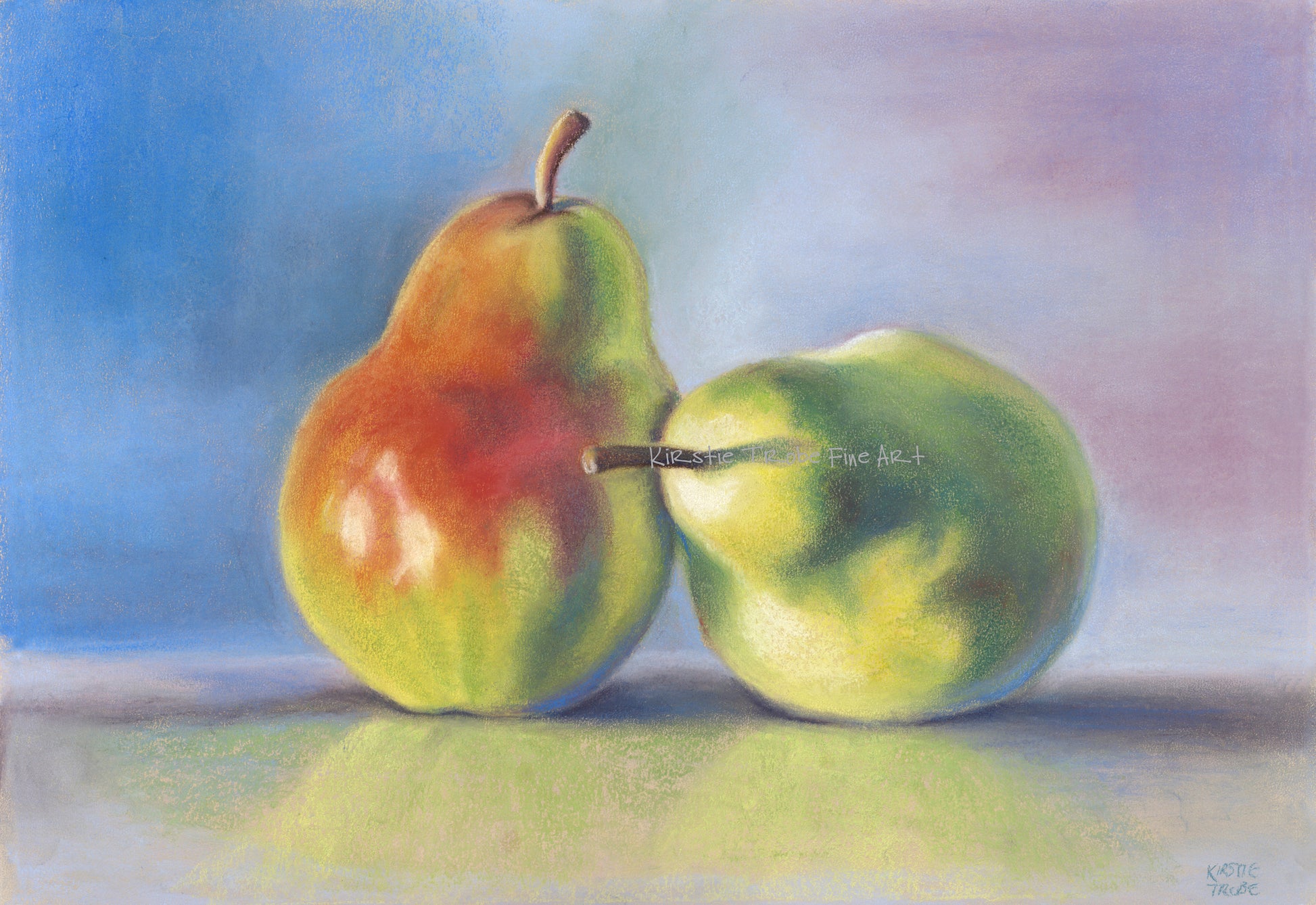 Two vibrantly colourful pears boldly lit with strong shadows, sitting on a polished surface with a reflection of them visible. The pears are bright reds and greens, the background is muted blues and purples. A pastel painting in a traditional style.
