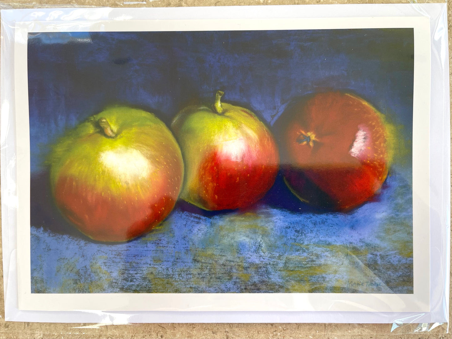 Three Apples on Blue, A5 Greeting Card. Blank inside.
