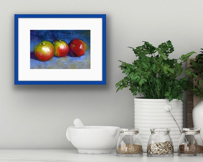 Three Apples on Blue, Fine Art Giclee 10x8" Mini Print