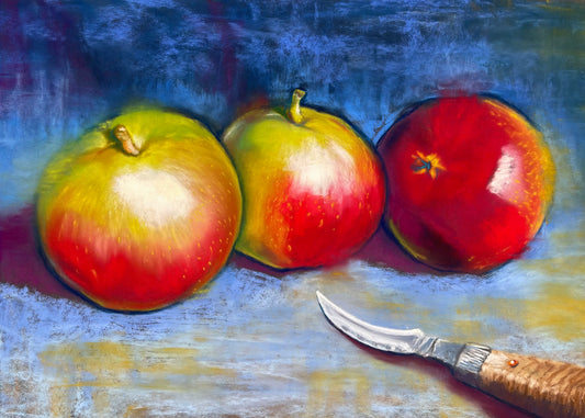 Three Apples on Blue - Original Pastel