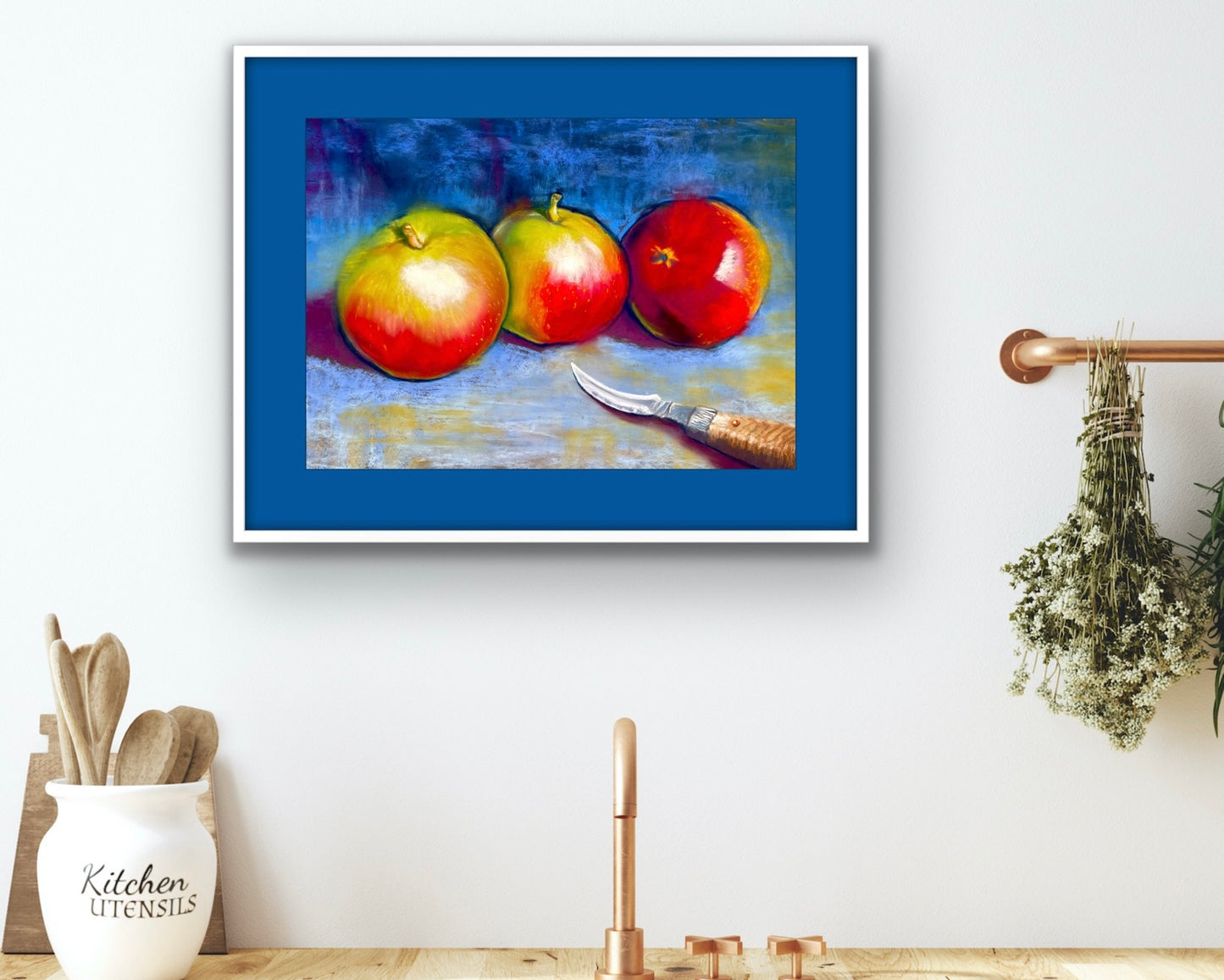 Three Apples on Blue - Original Pastel