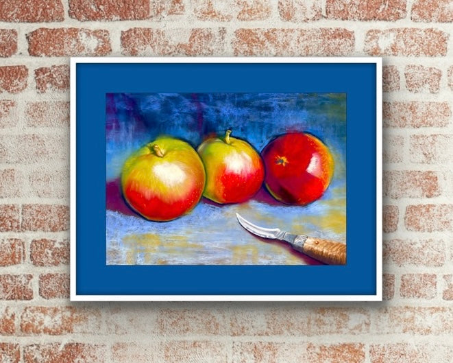 Three Apples on Blue - Original Pastel