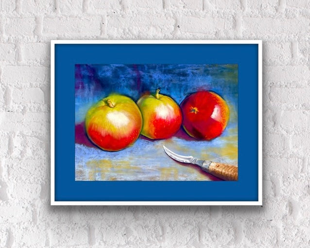 Three Apples on Blue - Original Pastel