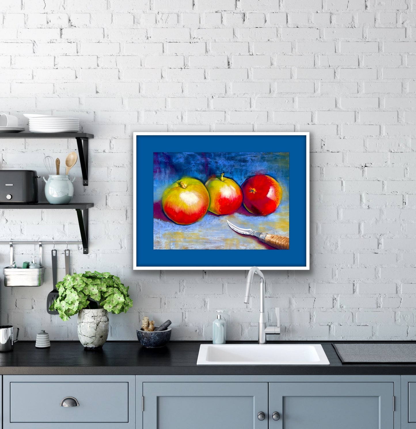 Three Apples on Blue - Original Pastel
