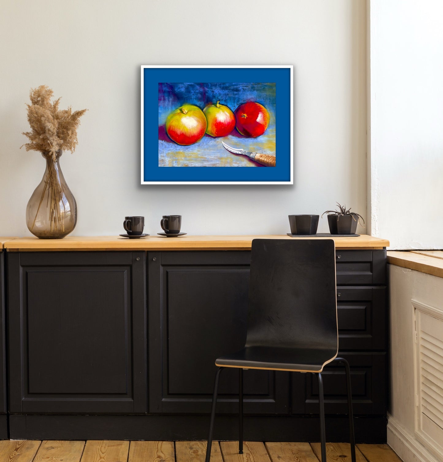 Three Apples on Blue - Original Pastel
