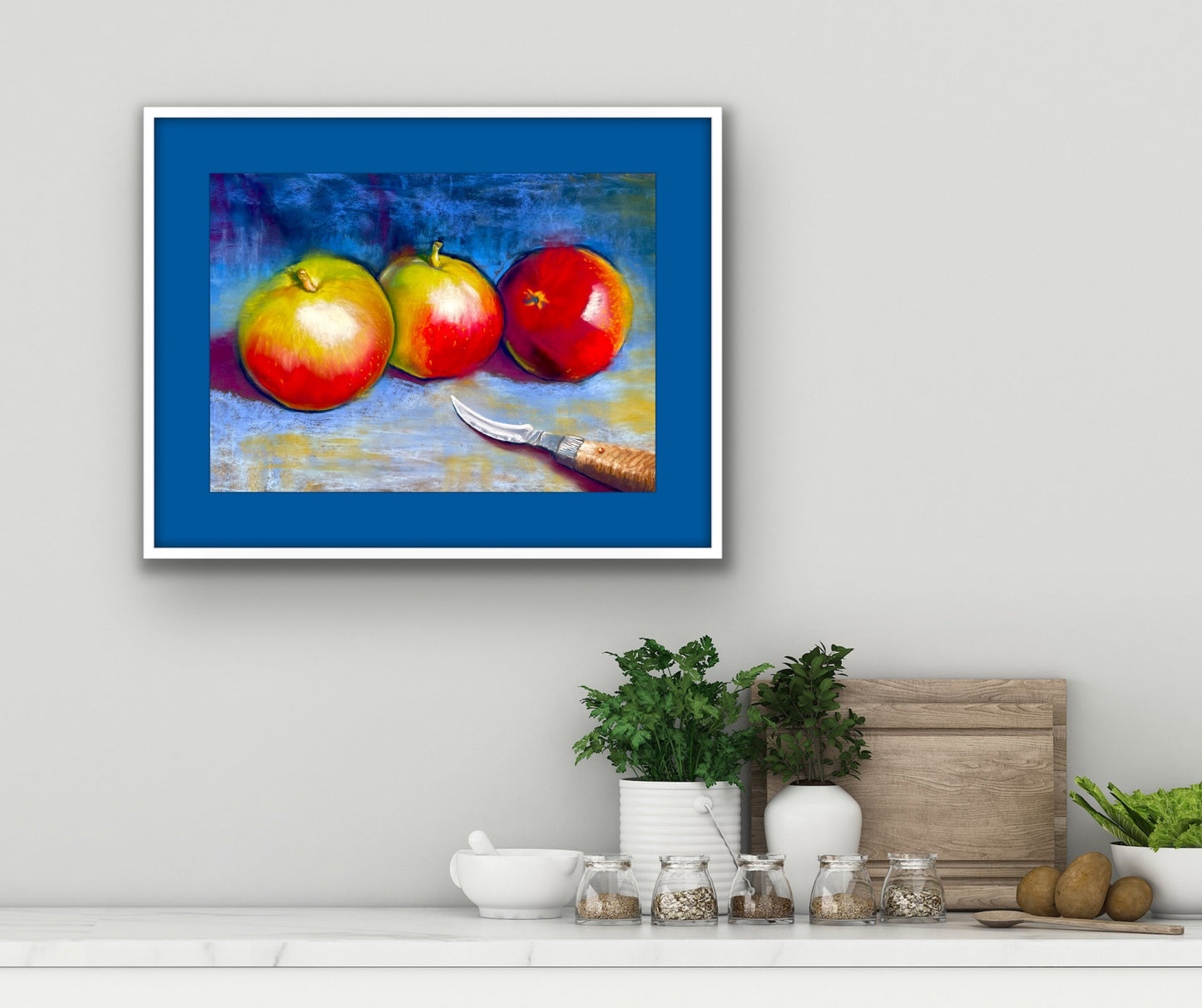 Three Apples on Blue - Original Pastel