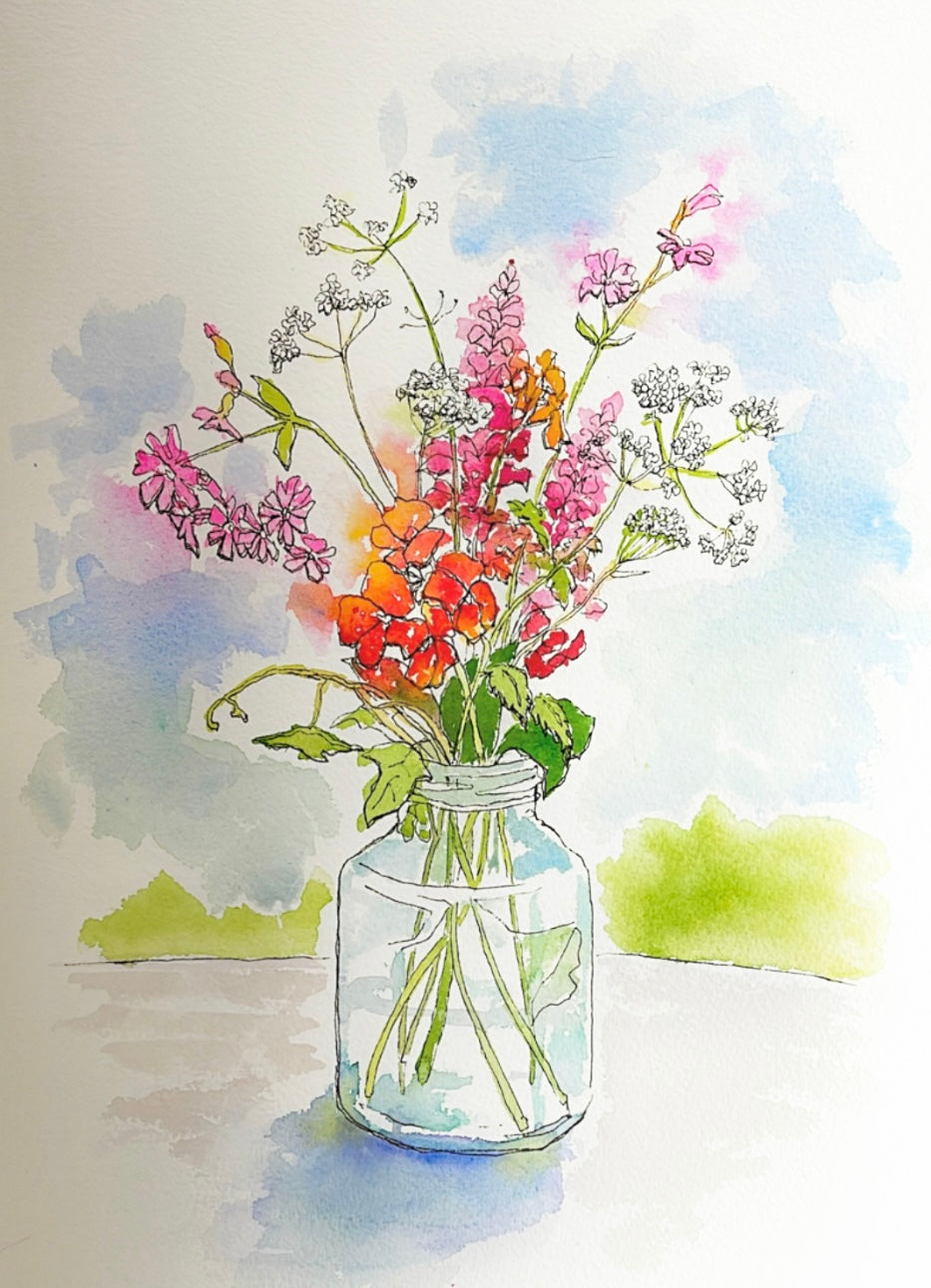 Line and wash watercolour sketch of wildflowers in a jar