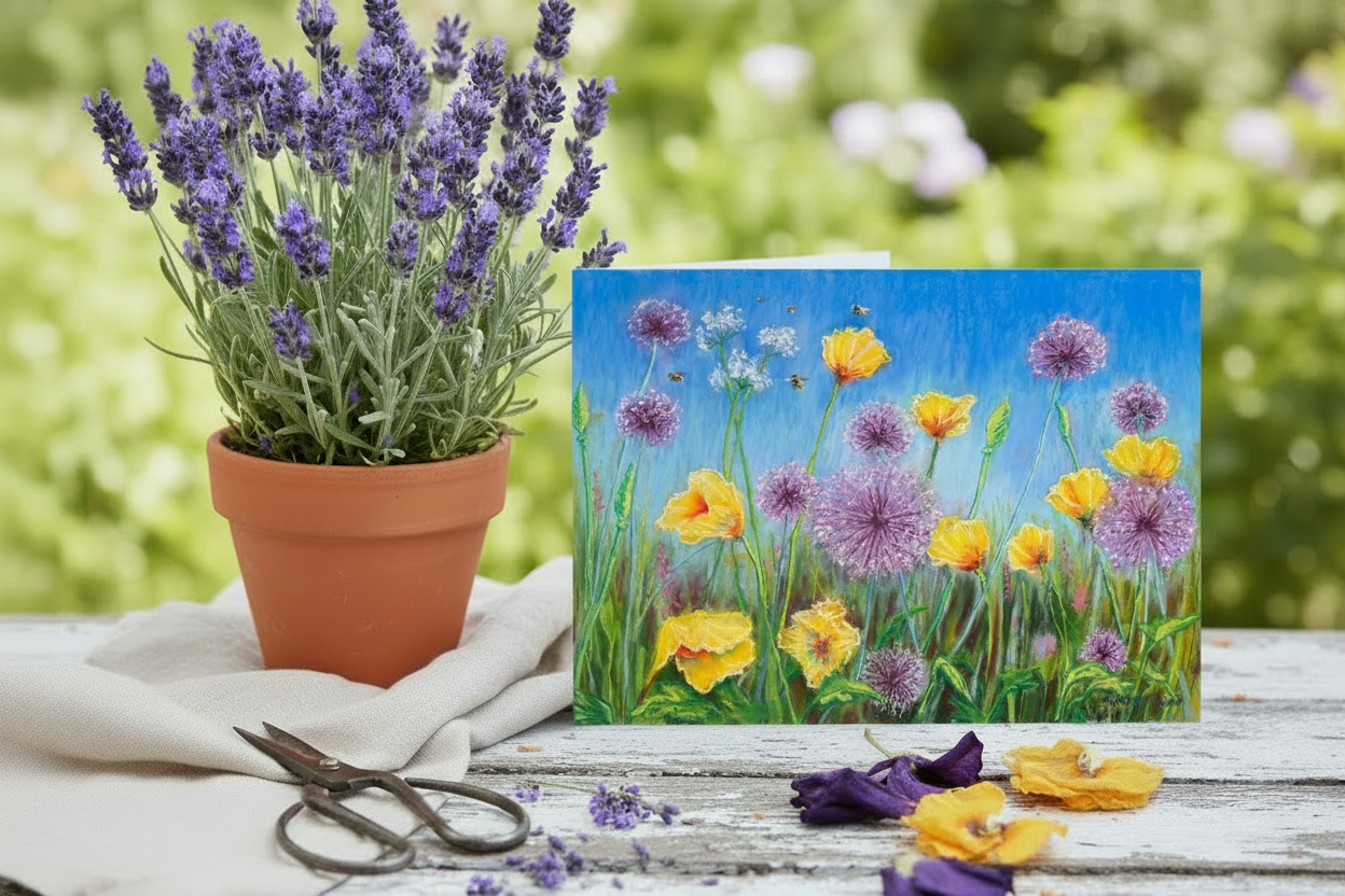 Alliums and Poppies card opening to the right