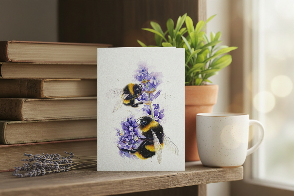 Bees on Lavender greeting card with cosy shelf props