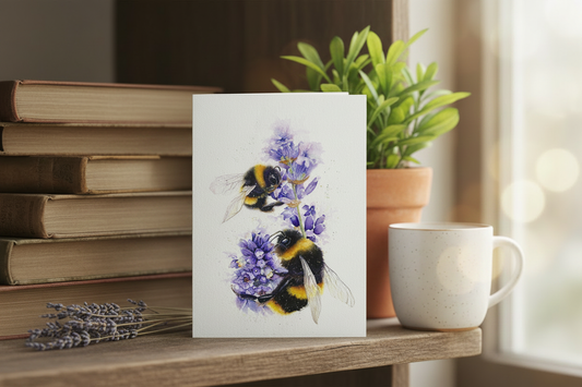 Bees on Lavender greeting card with cosy shelf props