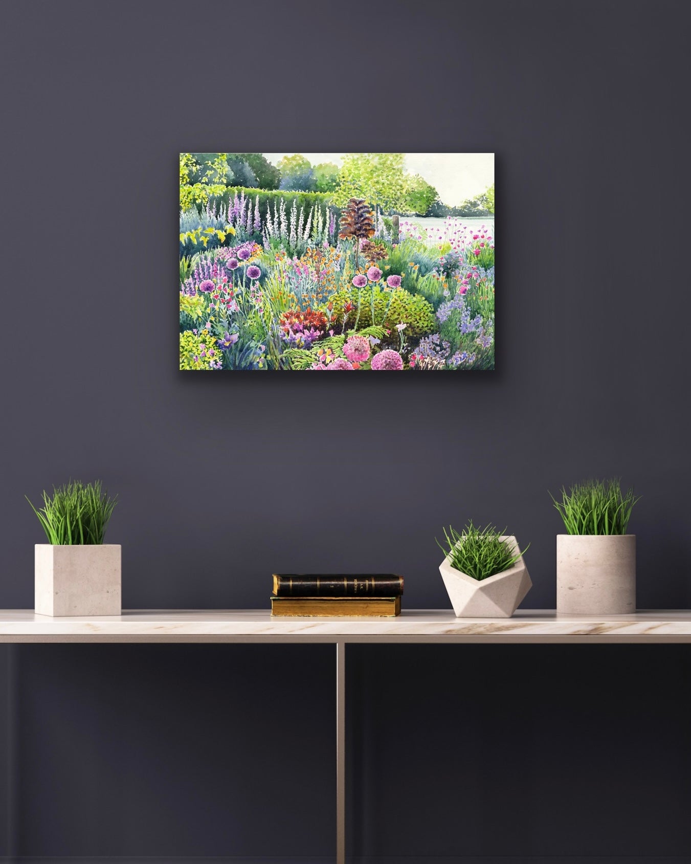 Colourful Spring Summer garden landscape watercolour painting with flowers and plants in foreground and field behind