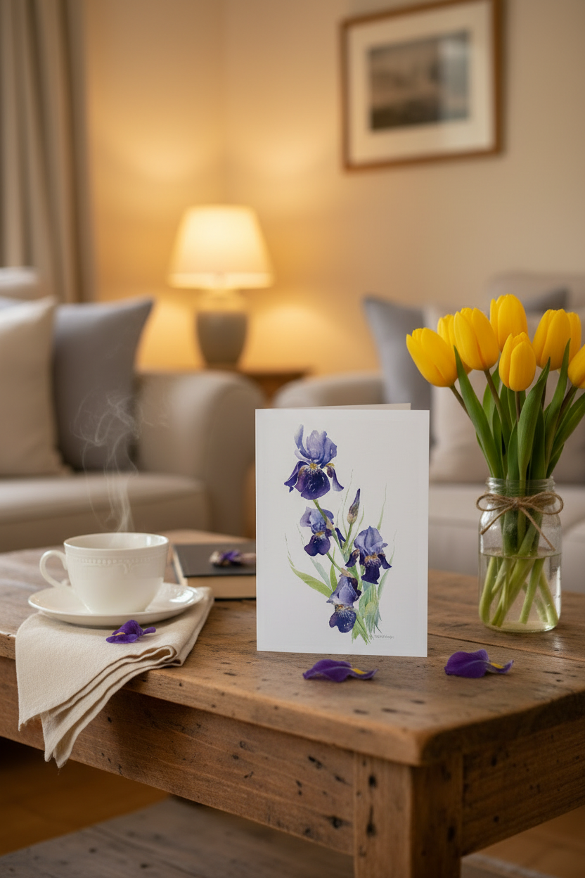Iris greeting card on coffee table
