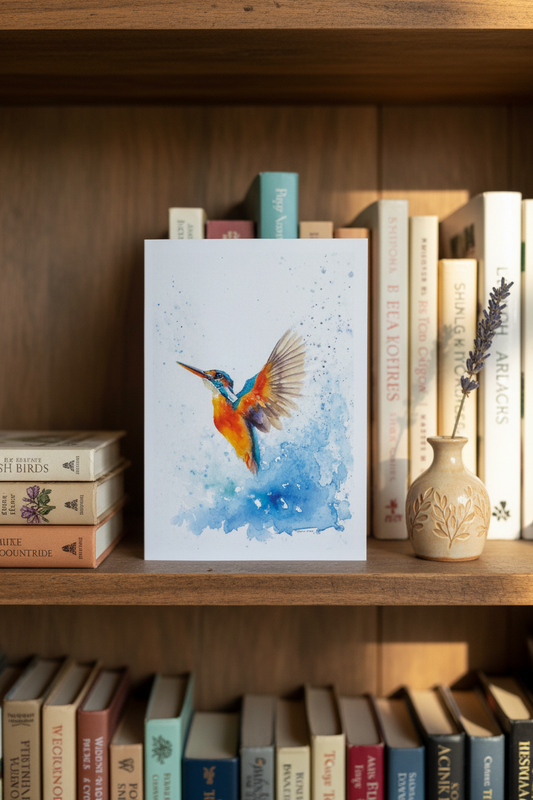 Kingfisher in Flight Card on Bookshelf