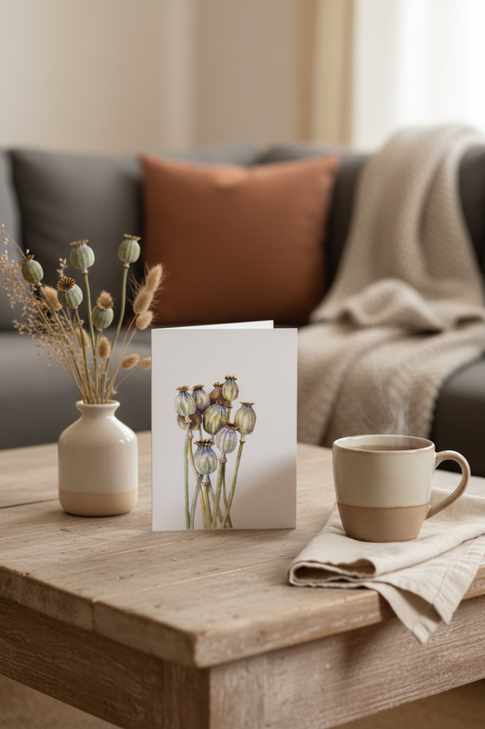Seedhead Poppies Card on Coffee Table
