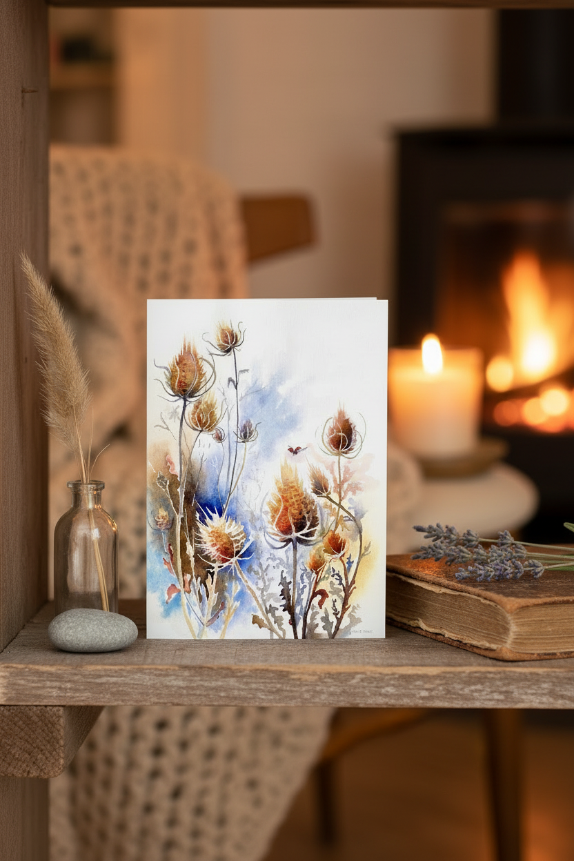 Teasels greeting card with cosy background