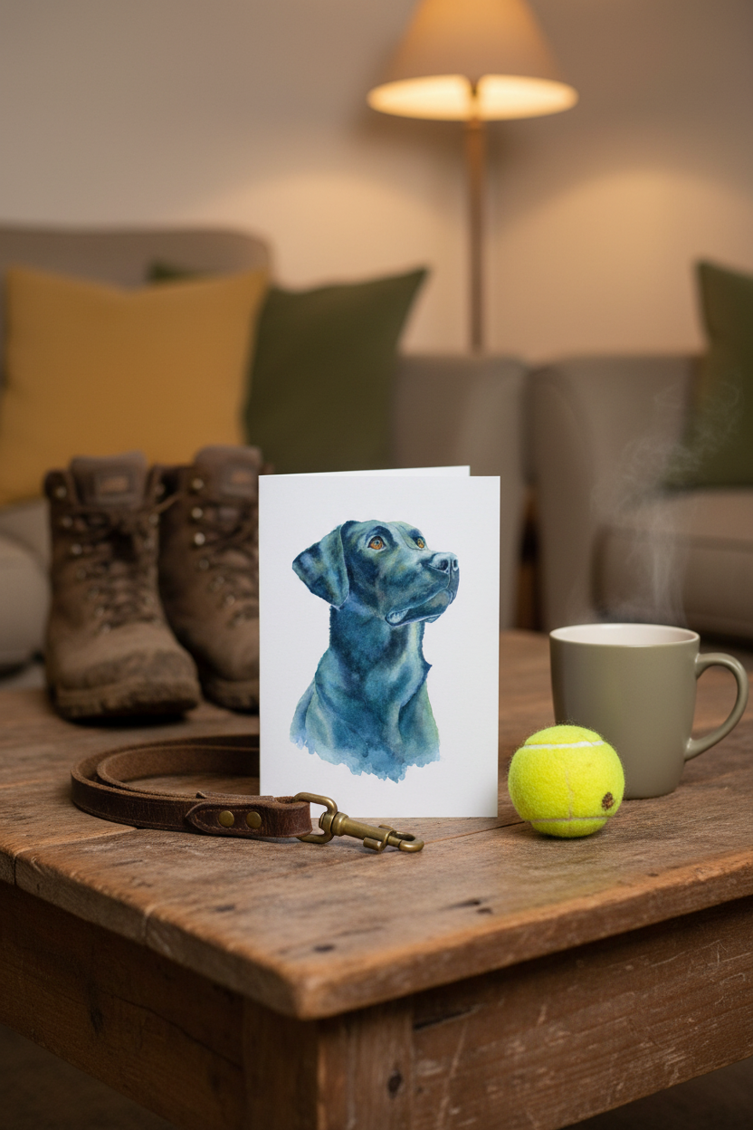 That Lab Look greeting card on coffee table