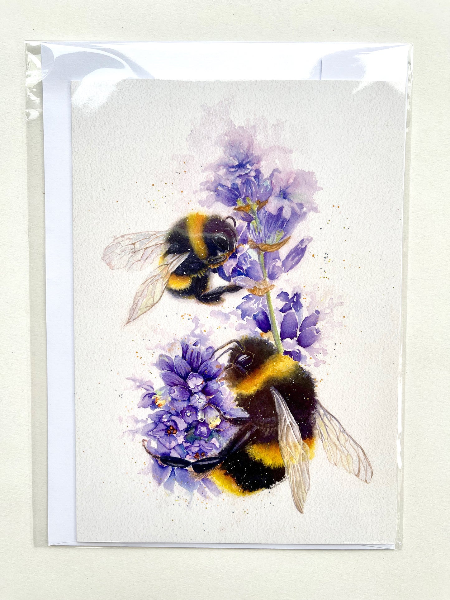 Bees on Lavender, A5 Greeting Card. Blank inside.