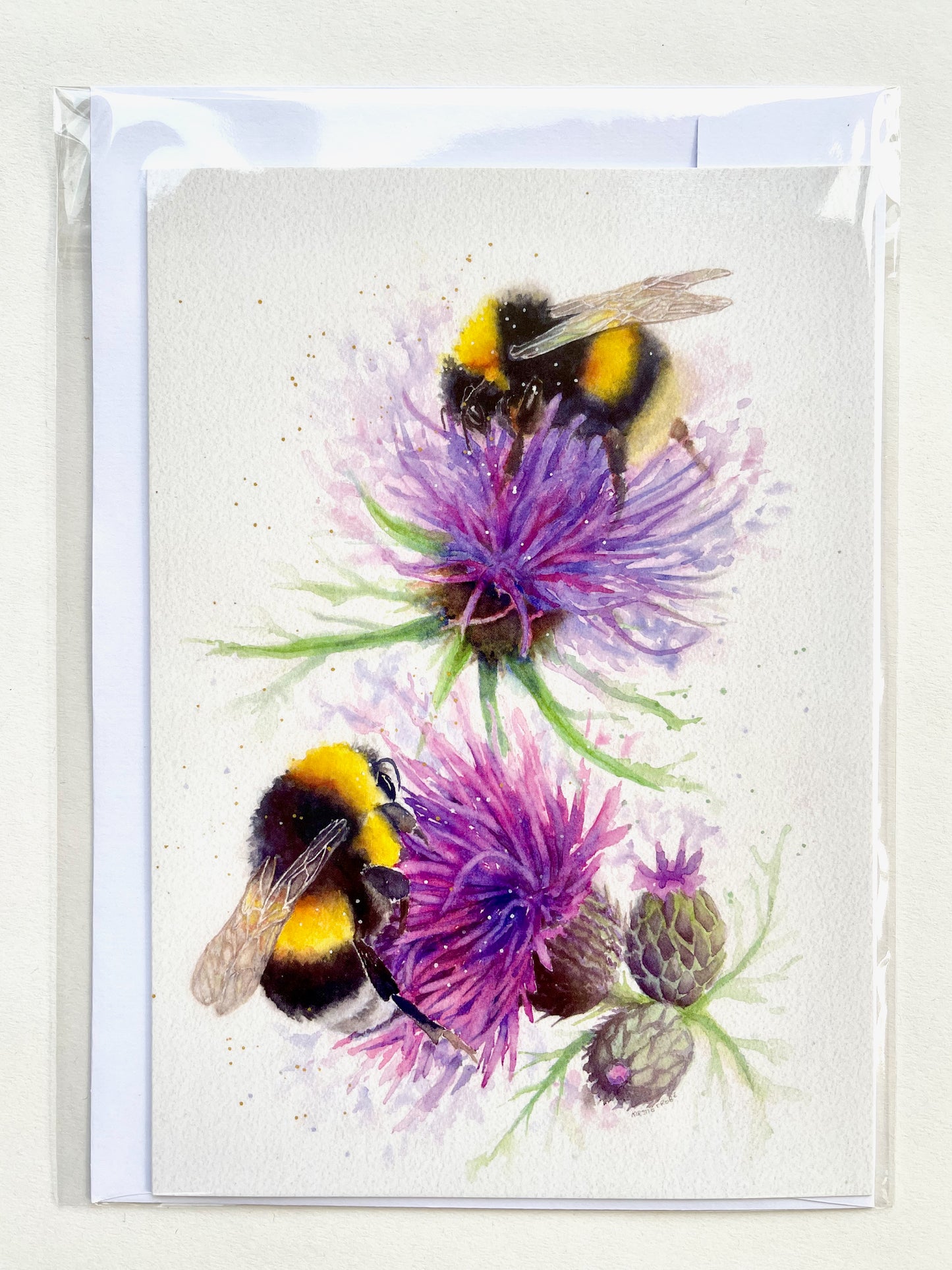 Bees on Thistles, A5 Greeting Card. Blank inside.