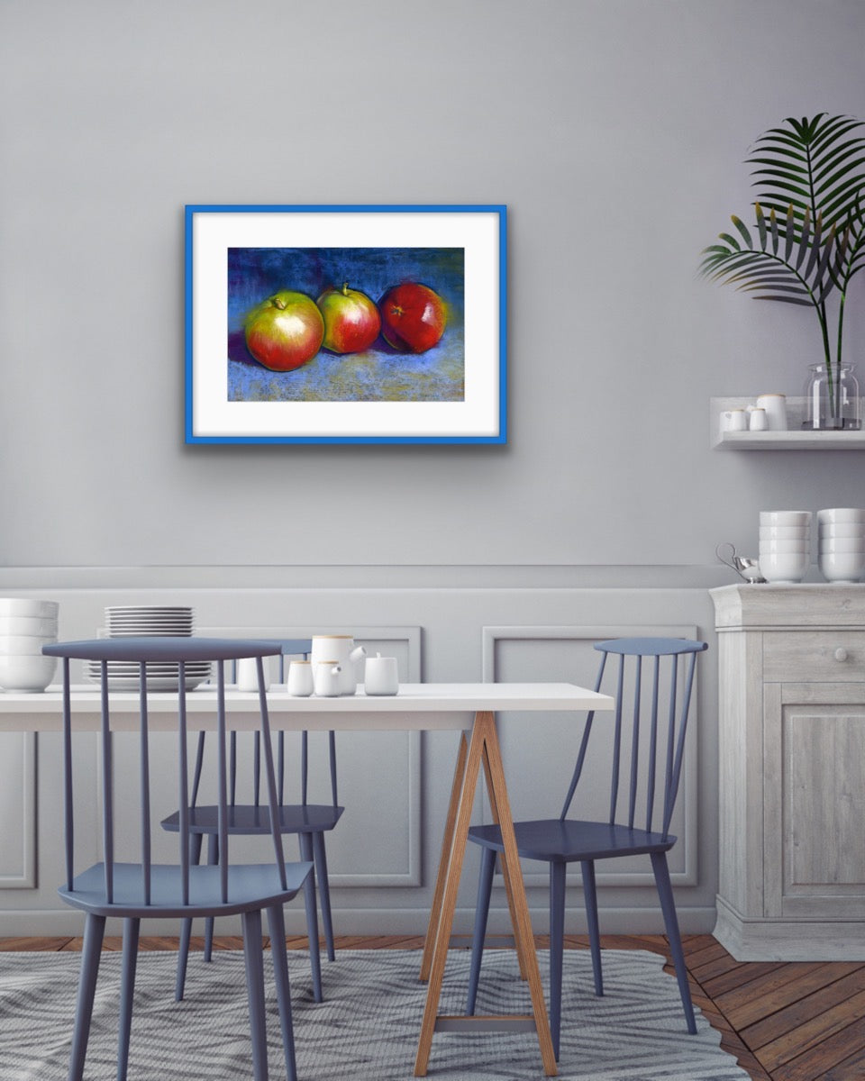 Three Apples on Blue - Original Pastel