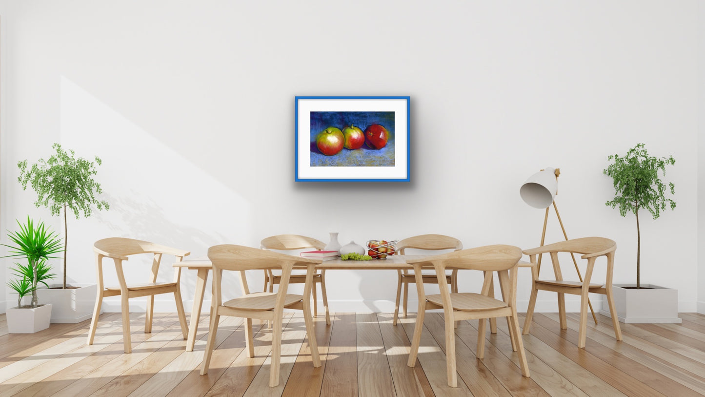Three Apples on Blue, Fine Art Giclee Limited Edition Print