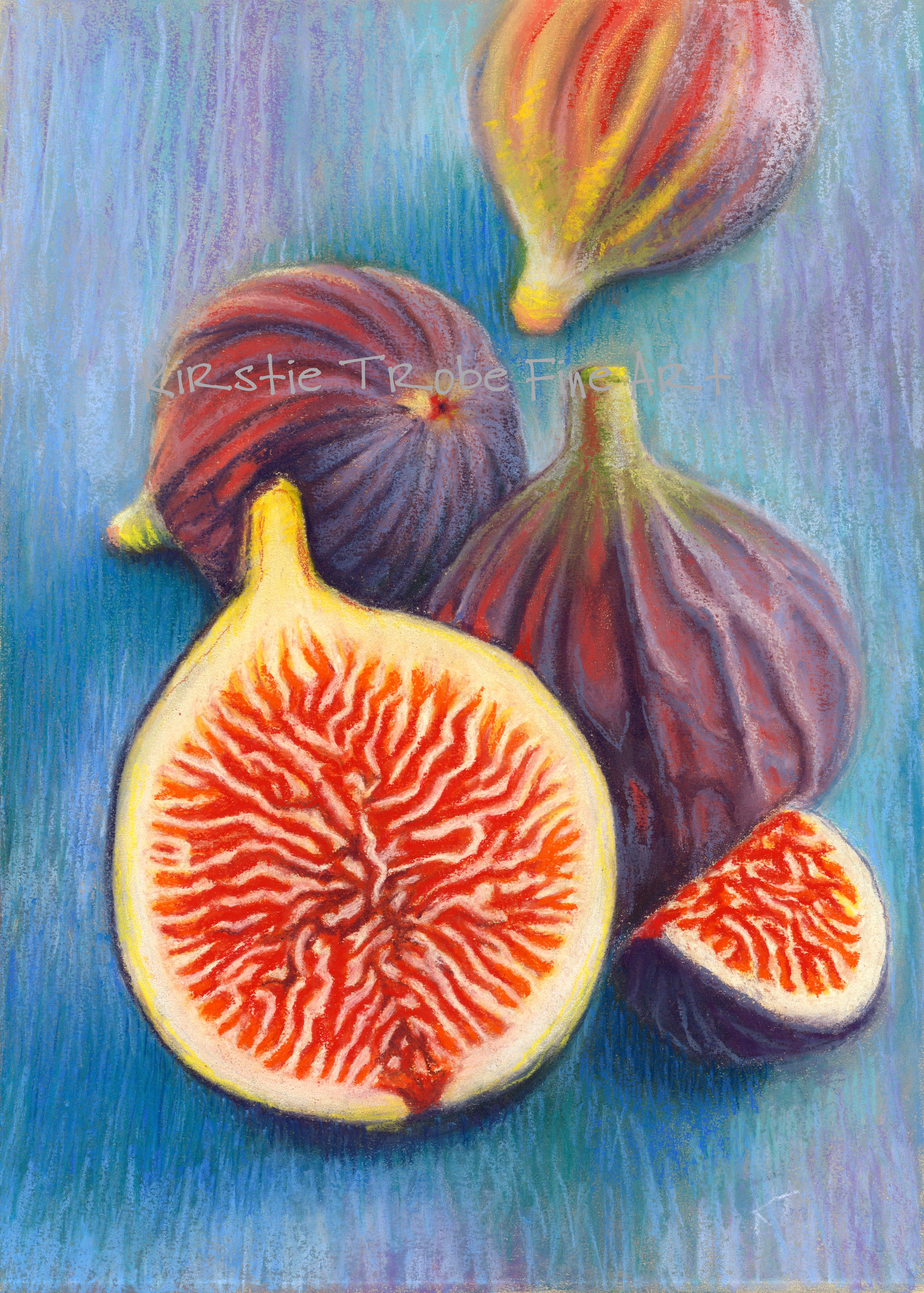 A pastel still life of several figs, depicted as whole and sliced. The vibrant, bright colours of their flesh contrasting with the muted tones of their skins are set against the turquoise and mauve background.