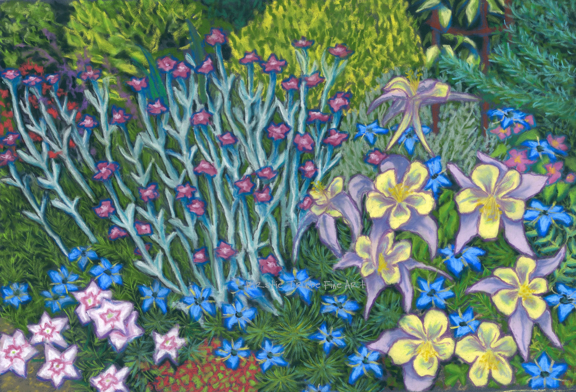 A riot of colourful Springtime flowers are depicted in bold vibrant hues in an English garden border. The pinks, blues and yellows of the petals pop out from the variety of greens in the foliage in the magical mystery garden.
