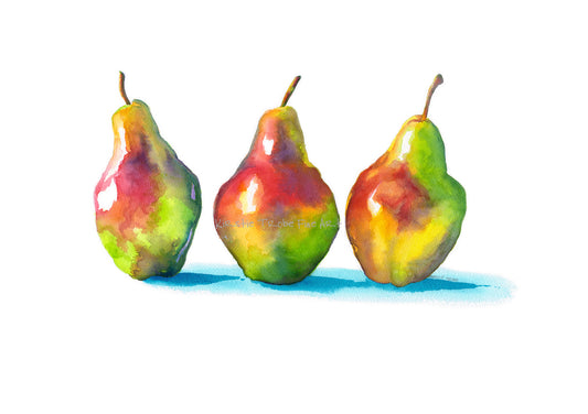A trio of pears stand in a row, alongside each other. They are brightly coloured in greens, reds, yellows and purples and painted in a stylised manner so the colours bleed into each other. The shadows cast are depicted in a vibrant turquoise blue.