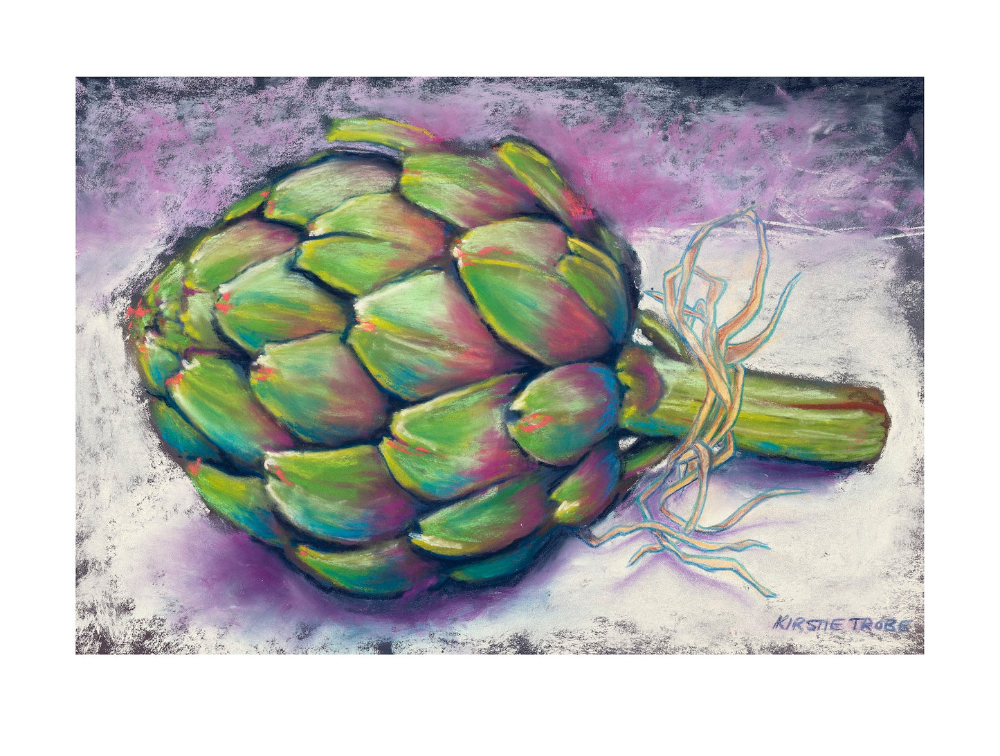 Purple and green single artichoke with a straw tie on the stalk on a linen cloth