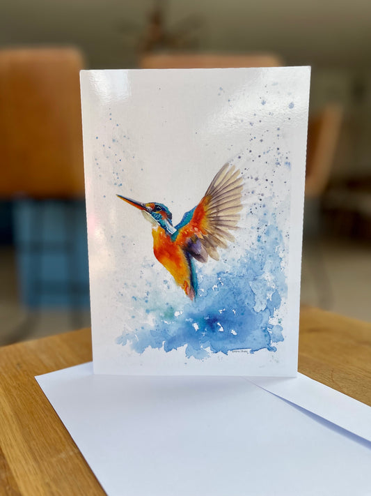 Kingfisher in Flight, A5 Greeting Card. Blank inside.