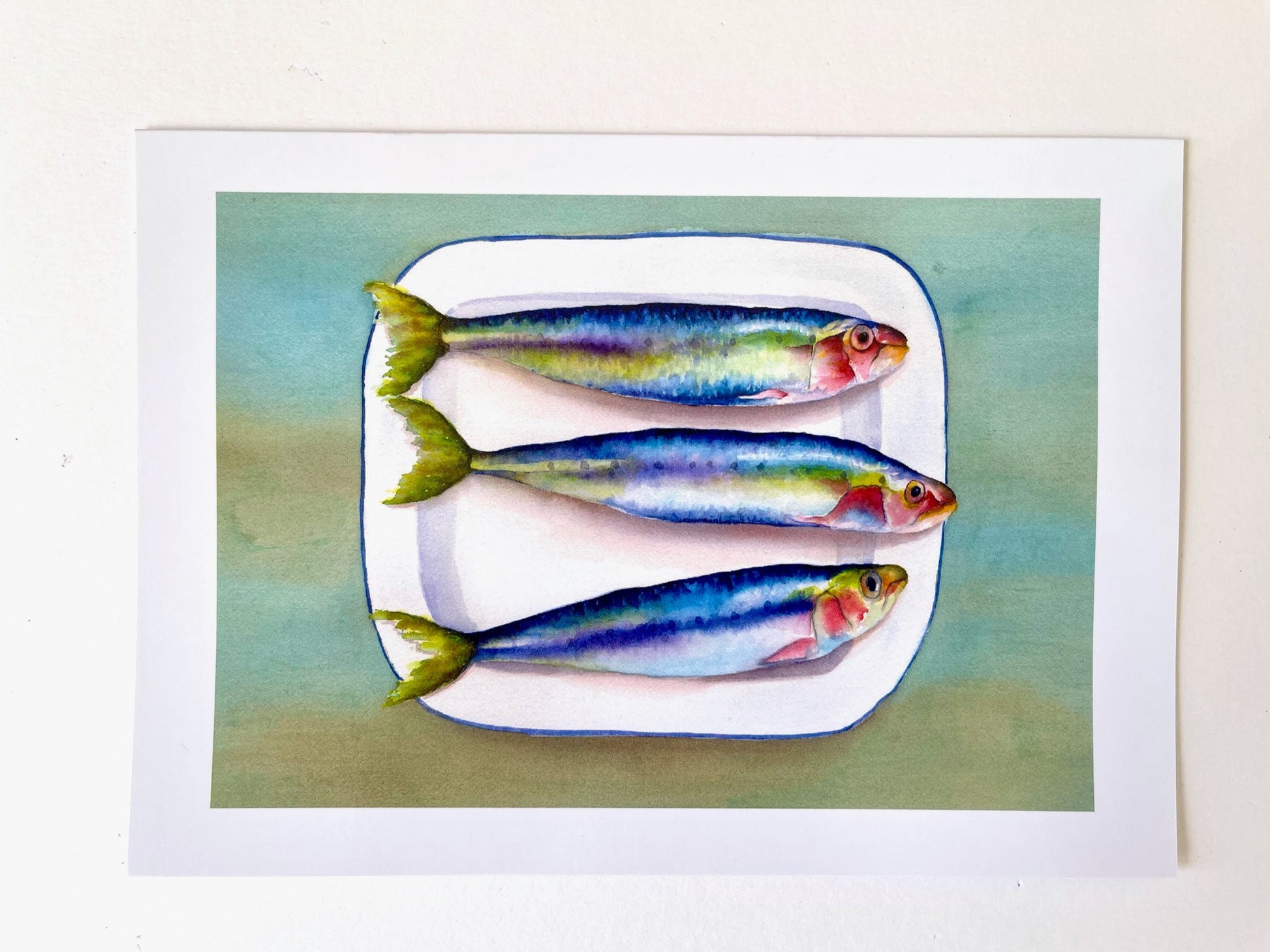 Three colourful Sardines lie on a white enamel plate that has a blue border with a green/brown background beneath it. They face to the right and their shiny scales are painted in a rainbow of colours.