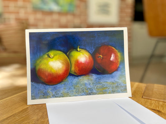 Three Apples on Blue, A5 Greeting Card. Blank inside.